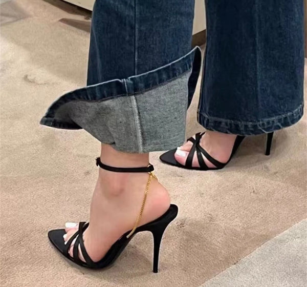 Women Pointed Toe High Heel Chain Ankle Strap Sandals