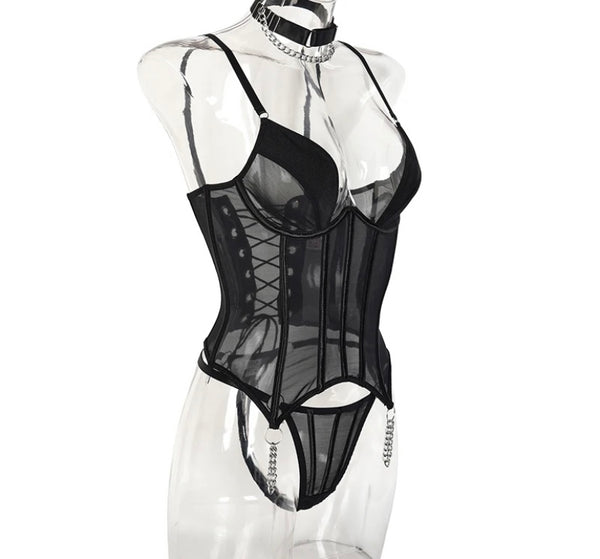 Women Sexy Black Corset Chain Lingerie Set