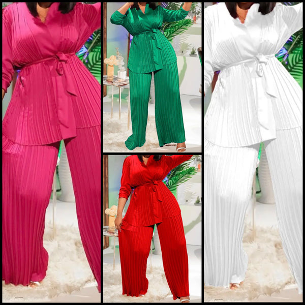 Women Fashion Solid Color Tie Up Two Piece Pleated Pant Set