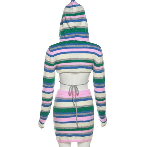 Women Sexy Multicolored Striped Hooded Three Piece Skirt Set