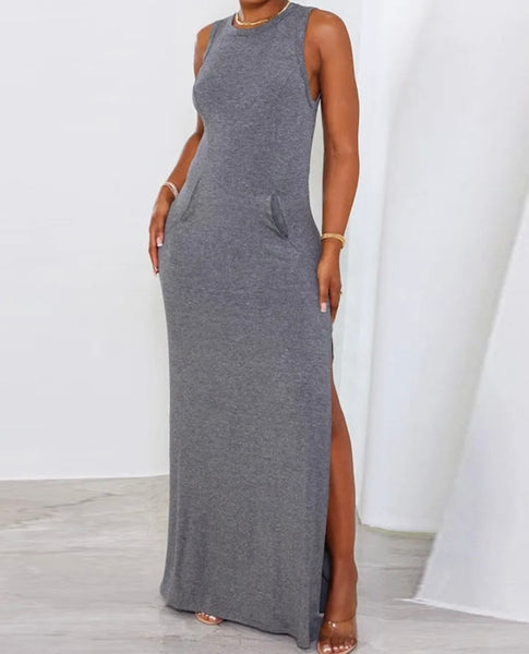 Women Sleeveless Front Pocket Solid Color Maxi Dress