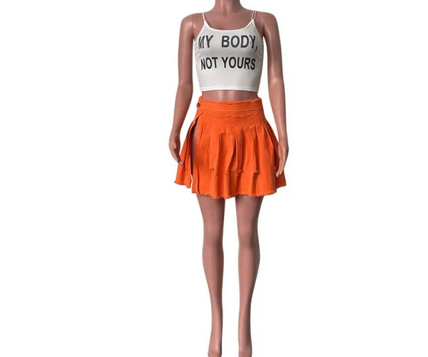 Women Fashion Orange Pleated Side Slit Skirt
