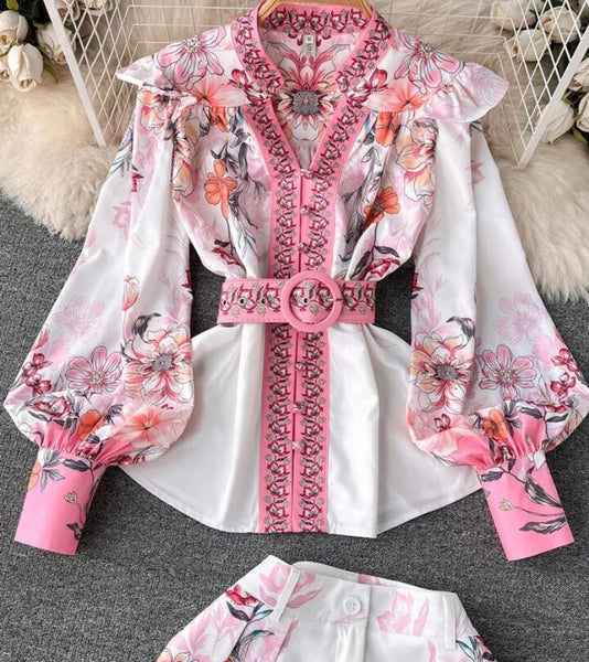 Women Button Up Full Sleeve Floral Two Piece Short Set