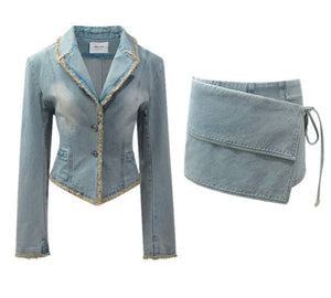 Women Fashion Full Sleeve Blazer Denim Two Piece Skirt Set