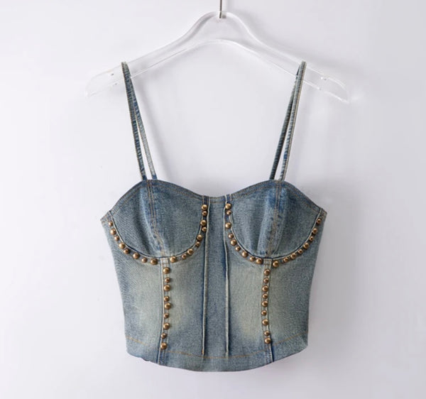 Women Sleeveless Fashion Gold Rivet Patchwork Denim Two Piece Pant Set