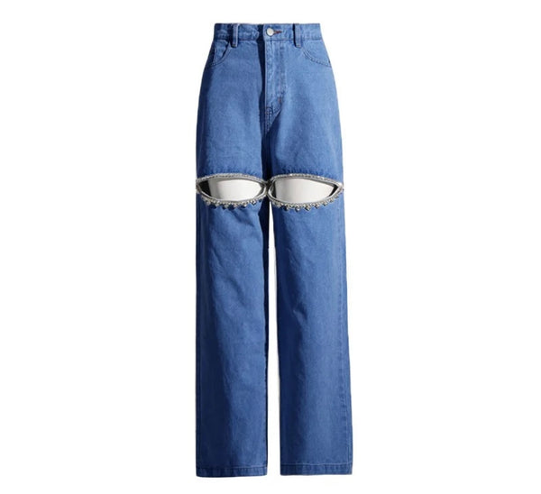Women Fashion Cut Out Rhinestone Patchwork Denim Pants