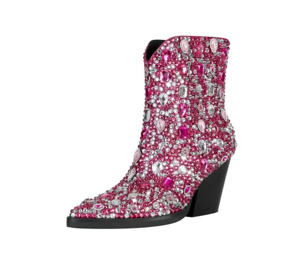 Women Pointed Toe Bling Gem Fashion Ankle Western Boots