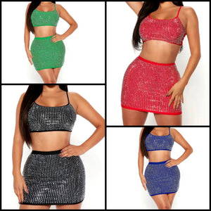 Women Sleeveless Crop Bling Sexy Two Piece Skirt Set