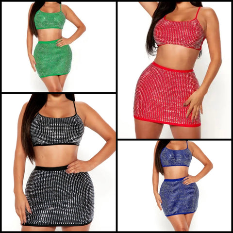 Women Sleeveless Crop Bling Sexy Two Piece Skirt Set