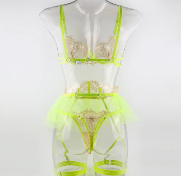 Women Sexy Neon Lace Mesh Lingerie Set