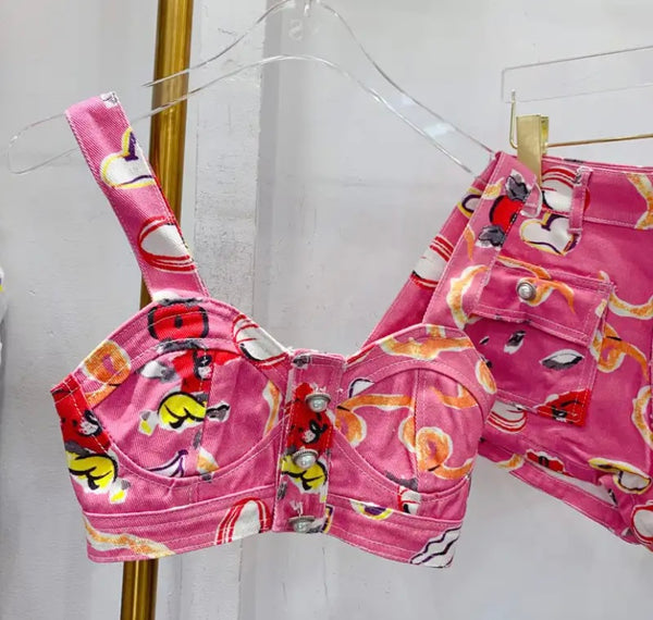 Women Pink Printed Sexy Fashion Sleeveless Crop Two Piece Short Set