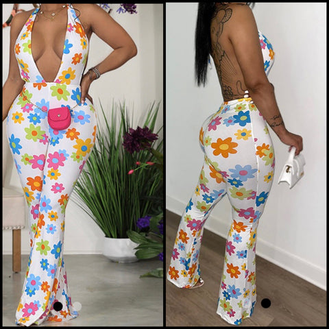 Women Sexy White Floral Halter Jumpsuit