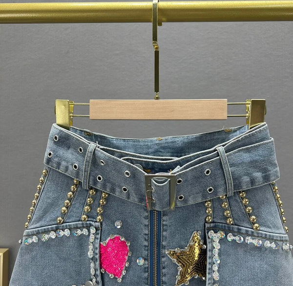 Women Front Zipper Fashion Heart Print Denim Skirt