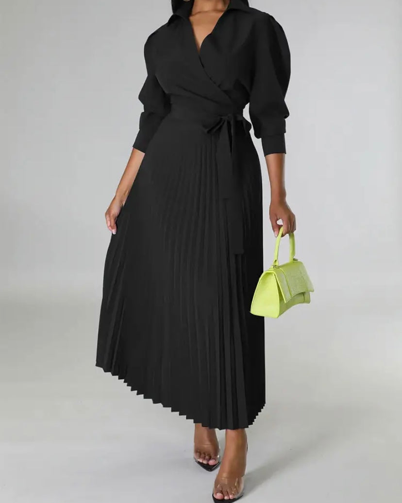 Women Sexy Solid Color Tie Up Pleated Maxi Dress