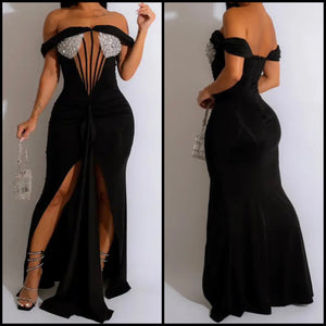 Women Black Sexy Strapless Bling Patchwork Maxi Dress