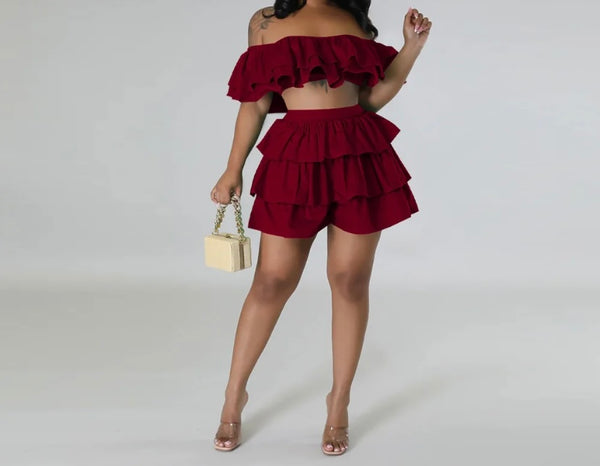 Women Sexy Off The Shoulder Ruffled Two Piece Skirt Set