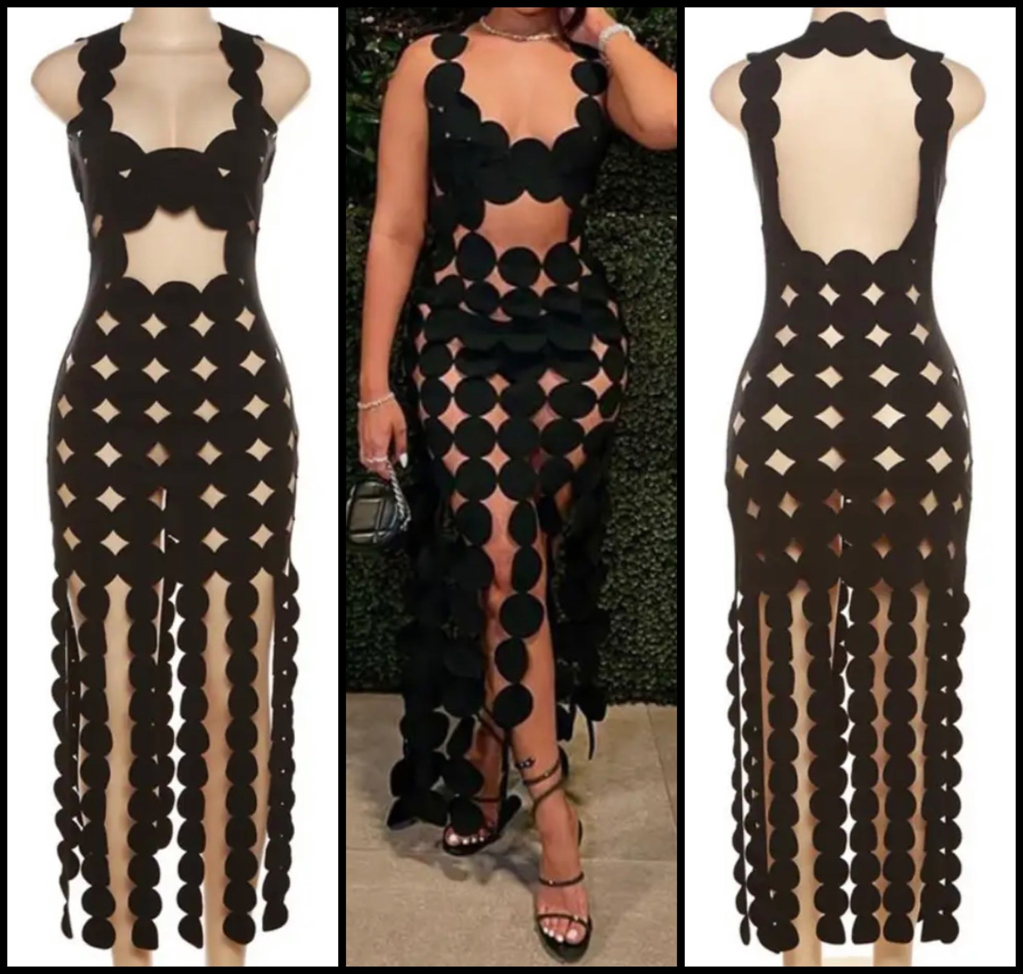 Women Black Sexy Sleeveless Hollow Out Tassel Dress