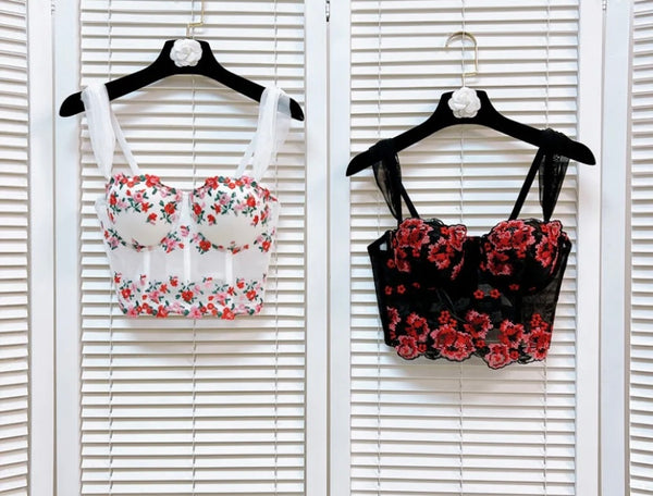 Women Sexy Mesh Floral Sleeveless Crop Top