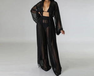 Women Mesh Solid Color Two Piece Pant Set