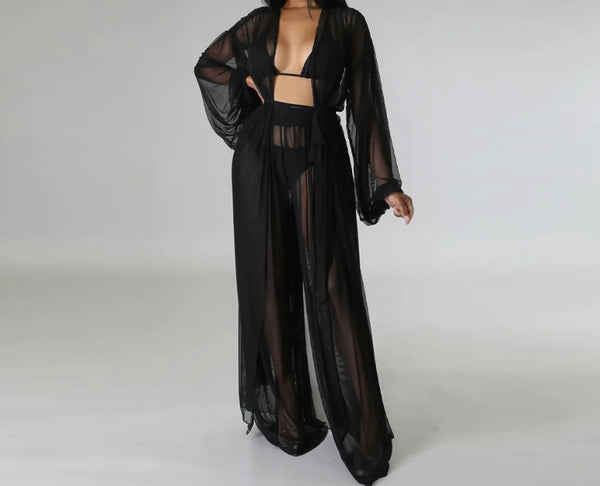 Women Mesh Solid Color Two Piece Pant Set