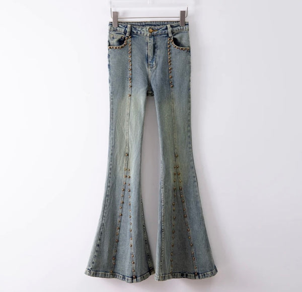 Women Sleeveless Fashion Gold Rivet Patchwork Denim Two Piece Pant Set