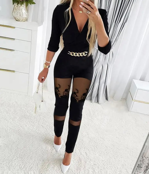 Women Black Full Sleeve Sexy Belted Jumpsuit