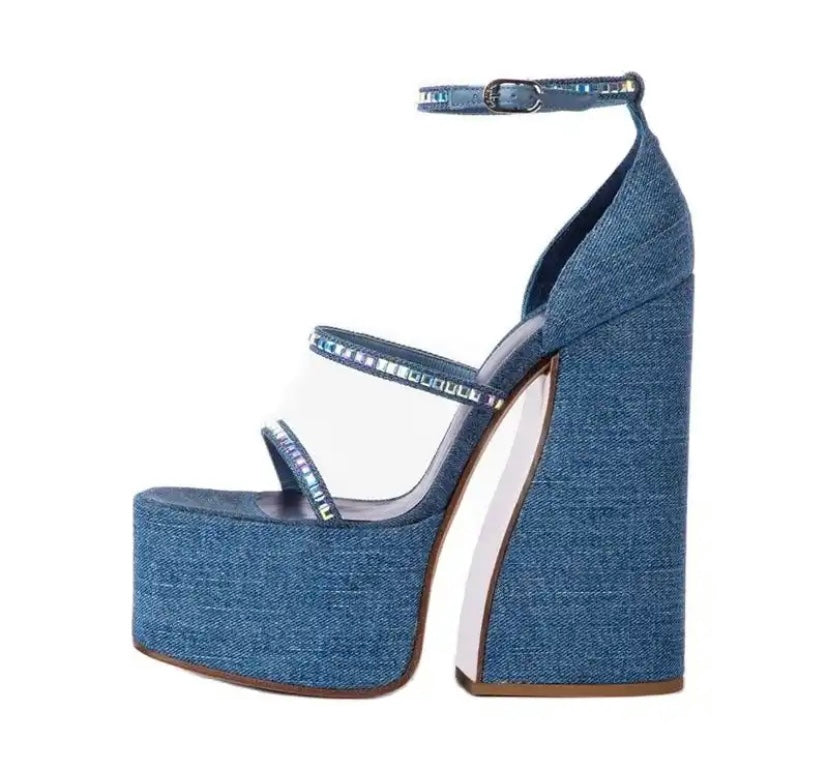 Women Fashion Platform Denim Bling Ankle Strap Sandals