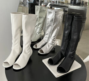 Women Fashion PU Open Toe Mid-Calf Boots