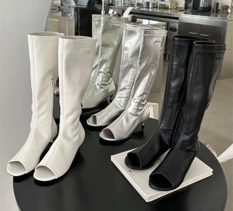 Women Fashion PU Open Toe Mid-Calf Boots