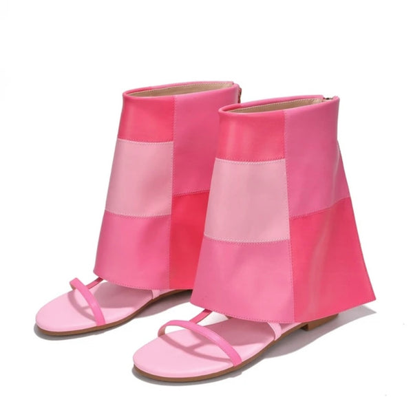 Women Fashion Flat Open Toe Color Patchwork Ankle Boots