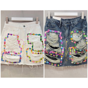 Women Fashion Ripped Gem Denim Skirt