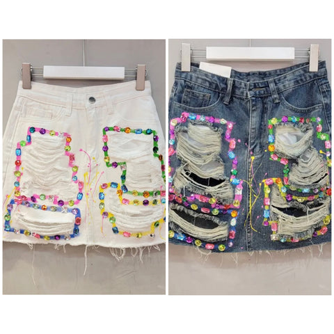 Women Fashion Ripped Gem Denim Skirt