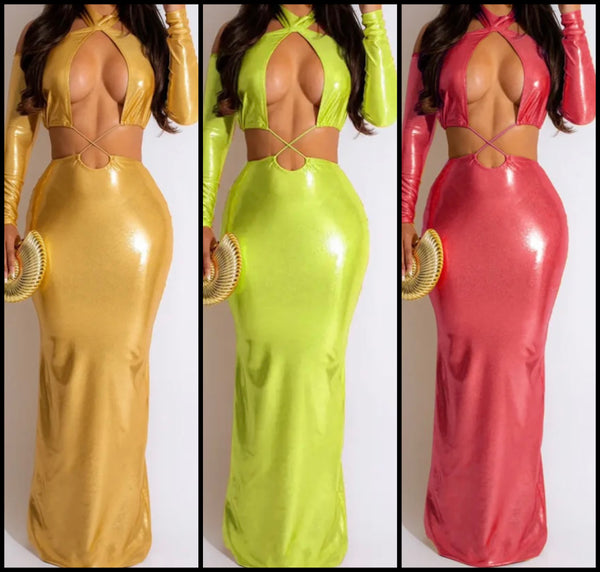 Women Sexy PU Full Sleeve Hollow Out Maxi Dress