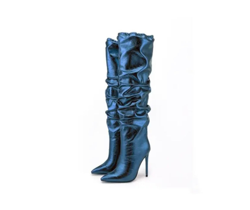Women Ruched PU High Heel Knee High Boots