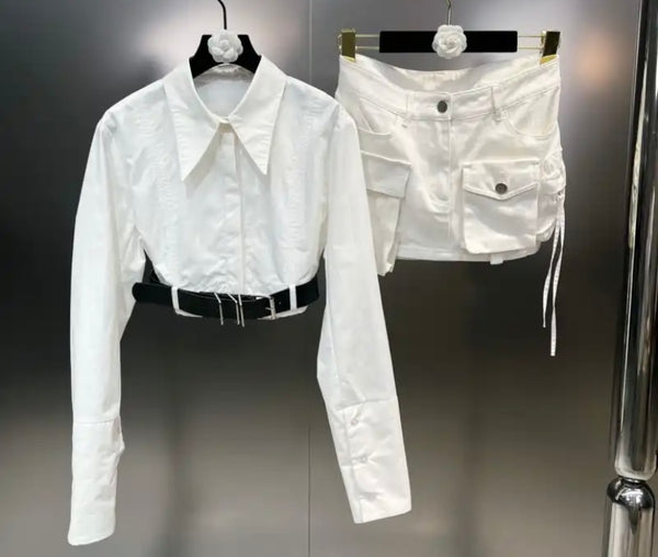 Women White Full Sleeve Belted Crop Two Piece Pocket Skirt Set