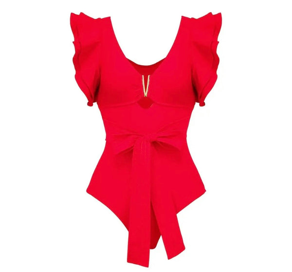 Women Sexy Red Ruffled Swimsuit Mesh Cover Up Set