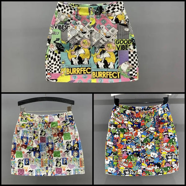 Women Cartoon Print Fashion Denim Skirt