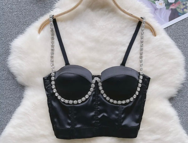 Women Sleeveless Rhinestone Patchwork Crop Top