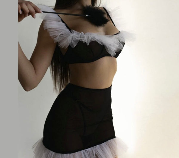 Women Sexy B&W Ruffled Mesh Patchwork Lingerie Set