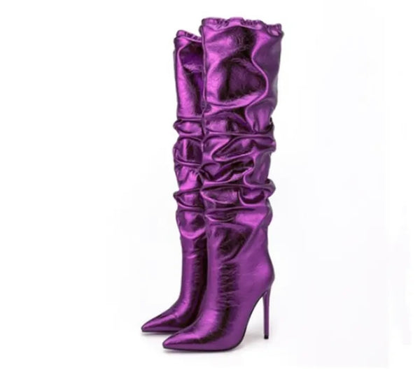 Women Ruched PU High Heel Knee High Boots