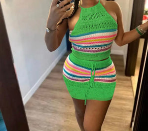 Women Sexy Sleeveless Halter Colorful Striped Two Piece Skirt Set