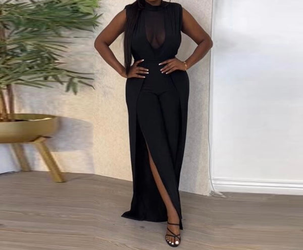 Women Black Sexy Sleeveless Mesh Patchwork Jumpsuit