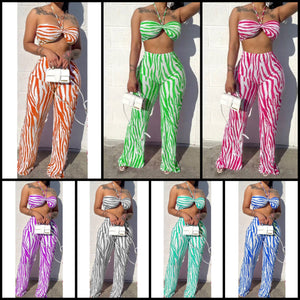 Women Sexy Sleeveless Halter Crop Striped Two Piece Pant Set