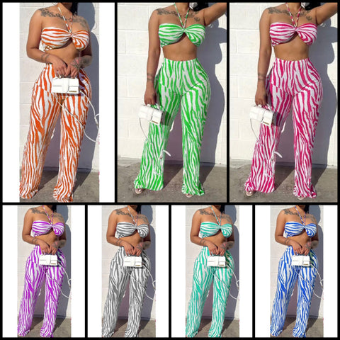 Women Sexy Sleeveless Halter Crop Striped Two Piece Pant Set