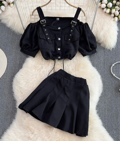 Women Fashion Solid Color Button Up Crop Two Piece Pleated Skirt Set