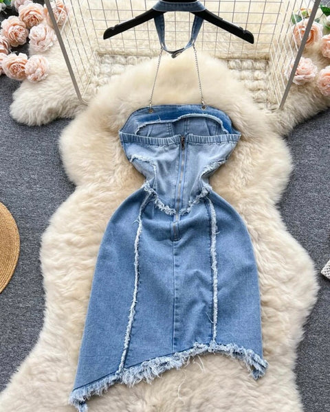 Women Sexy Chain Halter Denim Dress