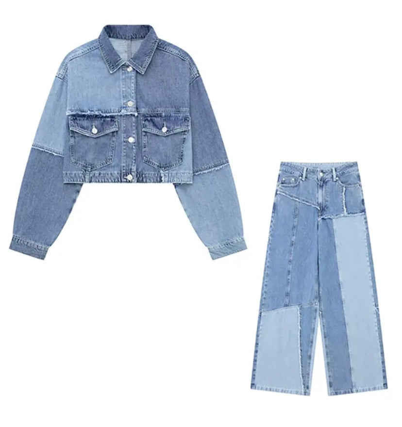 Women Fashion Color Patchwork Denim Two Piece Jacket Pant Set