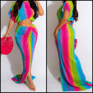 Women Sexy Short Sleeve Rainbow Two Piece Maxi Skirt Set