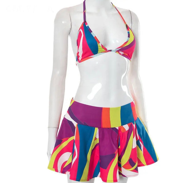 Women Sexy Multicolored Print Halter Two Piece Pleated Skirt Set