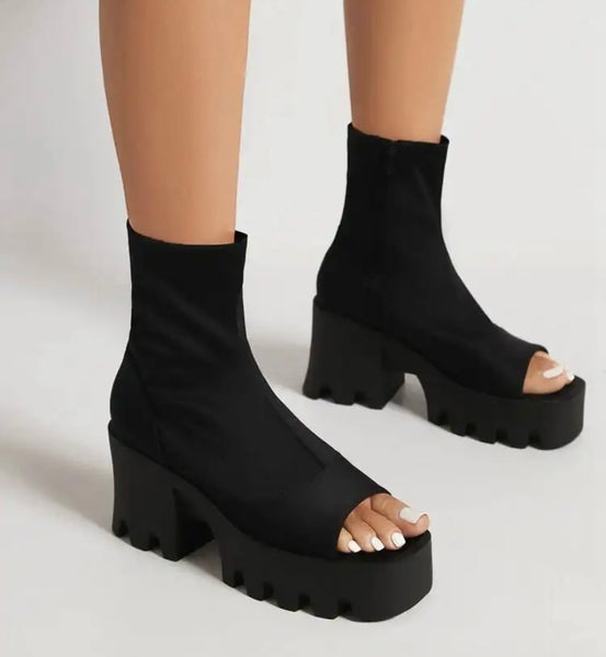 Women Open Toe Platform Fashion Side Zipper Ankle Boots